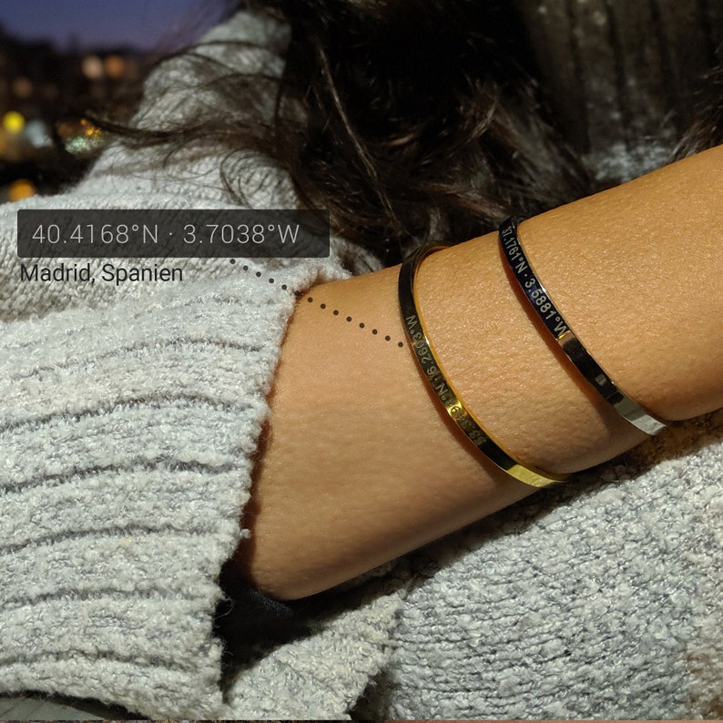 Partner coordinates bangle gold ros\u00e9 gold silver black personalized jewelry custom engraving stainless steel place engraving