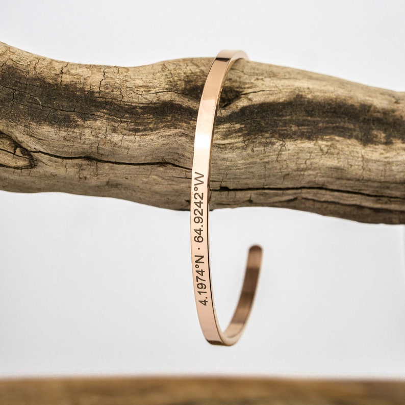 Partner coordinates bangle gold ros\u00e9 gold silver black personalized jewelry custom engraving stainless steel place engraving