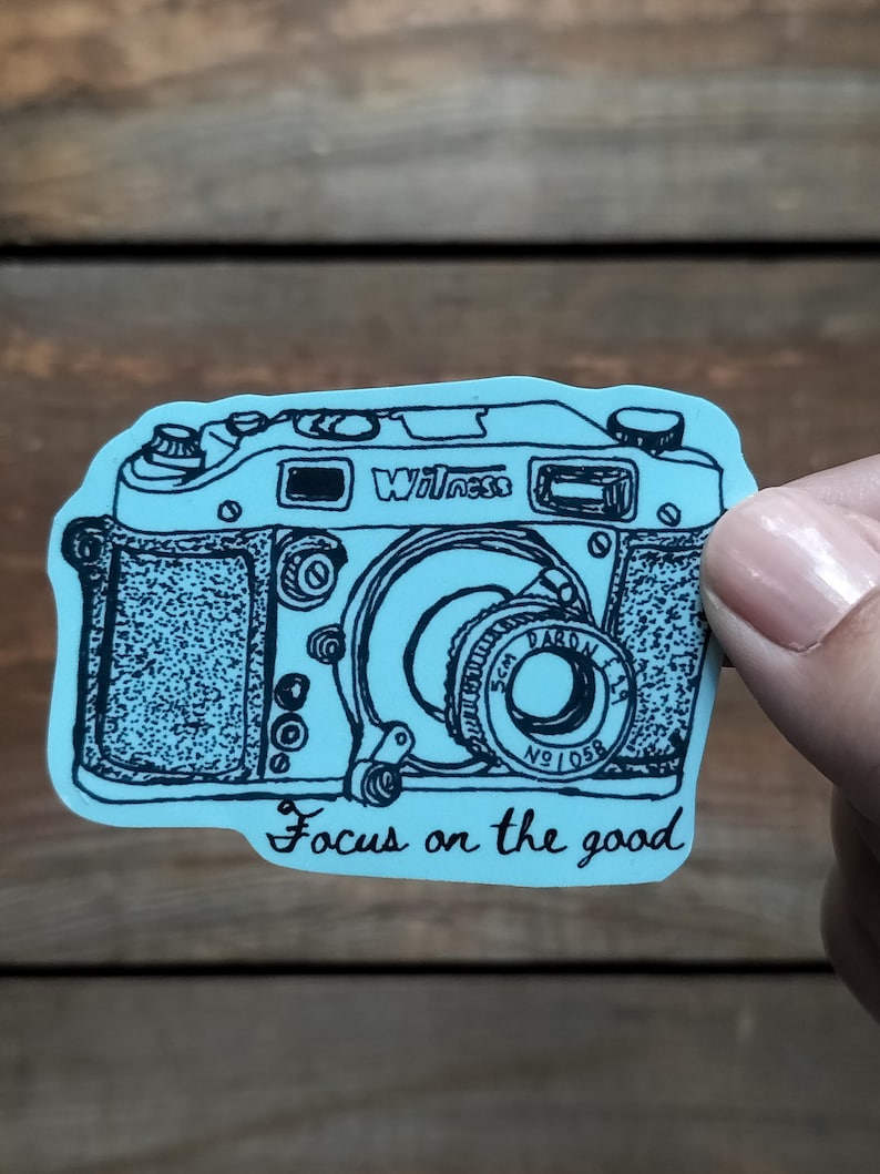Hand Drawn Camera Sticker: Vintage Style Blue Camera, "focus on the ...