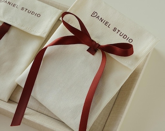 50 Cream Cotton Canvas Jewelry Pouch: Personalized Logo, Ribbon Envelope