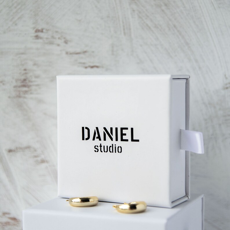 Może przedstawiać: Para złotych kolczyk&oacute;w w kształcie koła w białym pudełku z nadrukiem "DANIEL studio" na przodzie.