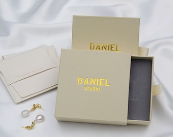 50 Beige Jewelry Boxes: Custom Logo Drawer Box, Necklace & Earring Packaging