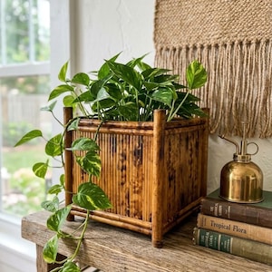 Vintage Tortoiseshell Bamboo Planter Box, Square Rattan Wastebasket (14"x14"x14")