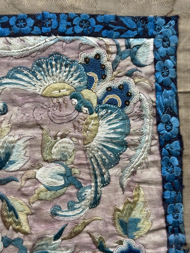 Antique Chinese Silk Embroidered Textile Serving Tray – Blue Floral ...