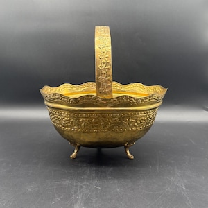 Antique Brass Sugar Footed Basket Scalloped Edges Hammered Details