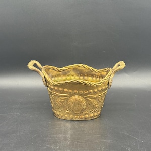 Small Jardiniere Brass Planter Trinket Holder Handles Stamped Shell Roped Detail Brass