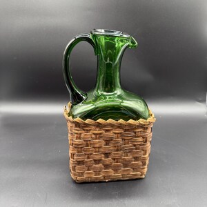 Vintage Rattan Handblown Green Glass Pitcher MCM Italian Pontil Mark