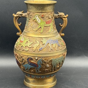 Antique Japanese Hand Crafted Bronze Cloisonne Enamel Vase Depicts Animals Dragon Handles Circa 1900-1930s