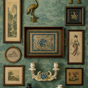 May include: A collection of framed art and decorative objects against a teal wallpaper backdrop. The display includes framed landscape paintings, a floral embroidery, a brass crane sculpture, and a two-candle sconce.