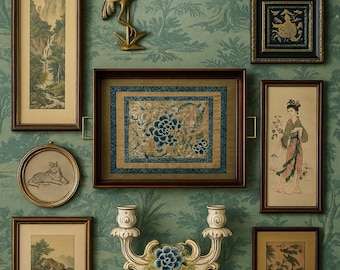 Antique Chinese Silk Embroidered Textile Serving Tray – Blue Floral Hand-Stitched Framed with Brass Handles