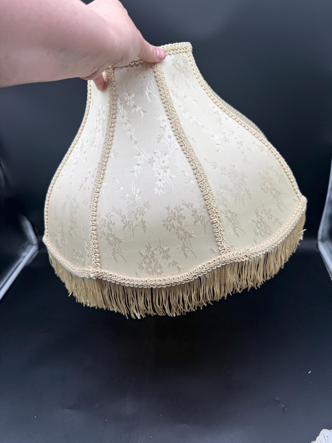 Pair of Vintage Victorian Ivory Silk Floral Damask Large Scalloped Lamp ...