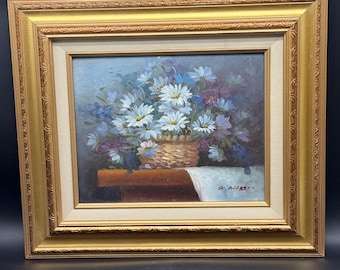 Vintage Floral Oil Painting: Daisies in Basket Still Life, Gold Frame