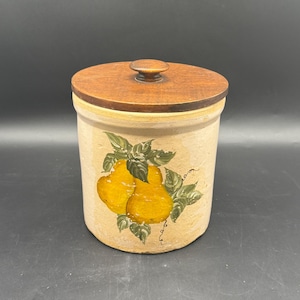 Vintage Stoneware Crock Wooden Lid Pears Fruit Design Primitive Country
