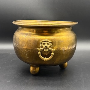 Vintage Brass Lion Head Jardiniere Planter Old World Footed Door Knocker Lion&#39;s Heads