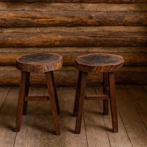 Brutalist Rustic Handcrafted Pair of Stools Vintage image 1