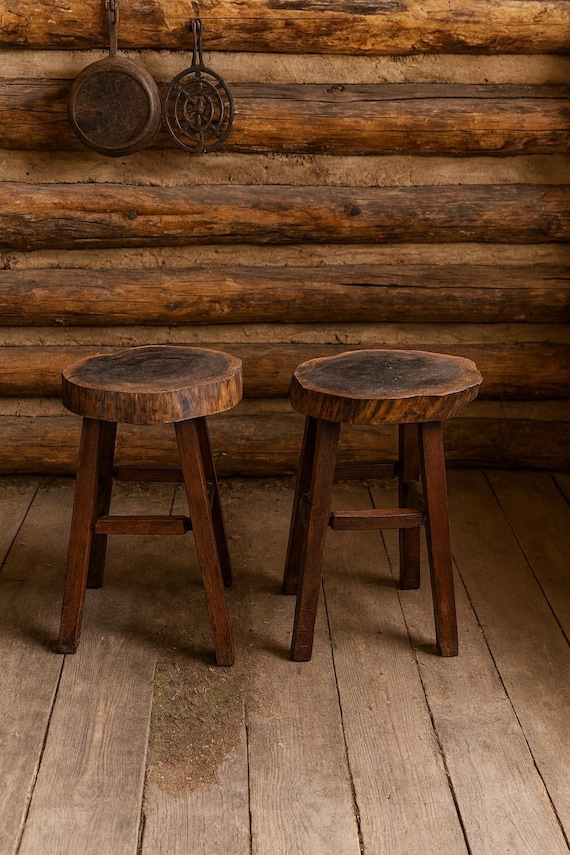 Brutalist Rustic Handcrafted Pair of Stools Vintage