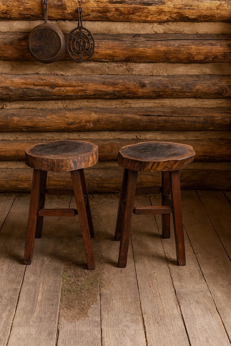 Brutalist Rustic Handcrafted Pair of Stools Vintage image 1