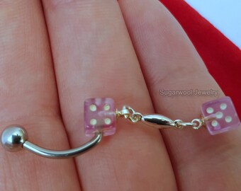 Double Dangle Pink Roll the Dice Belly Ring,  Pink 14G Curved Belly Bar
