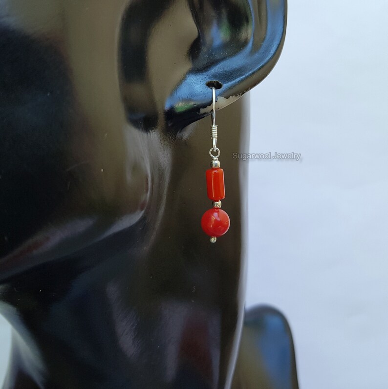 Beaded Salmon Red Coral Earrings Handmade Jewelry Red Coral Jewelry Dangle Earrings Sterling Silver Bamboo Coral Earrings
