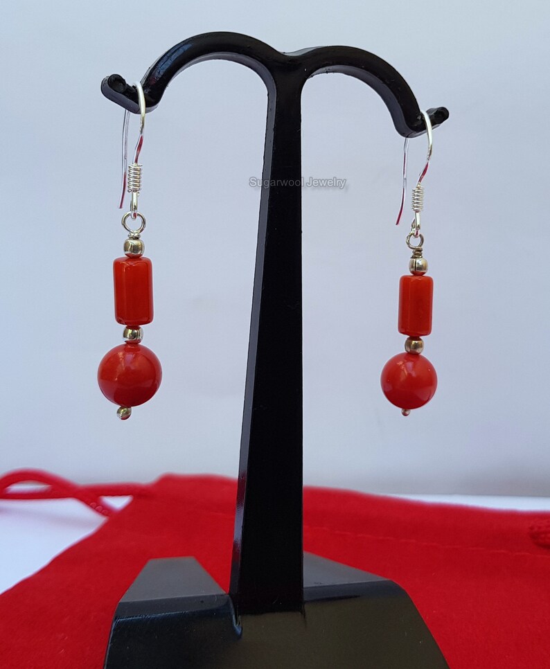 Beaded Salmon Red Coral Earrings Handmade Jewelry Red Coral Jewelry Dangle Earrings Sterling Silver Bamboo Coral Earrings