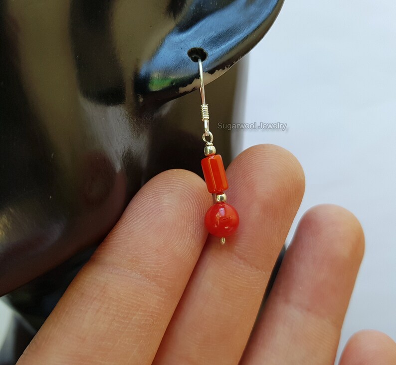 Beaded Salmon Red Coral Earrings Handmade Jewelry Red Coral Jewelry Dangle Earrings Sterling Silver Bamboo Coral Earrings