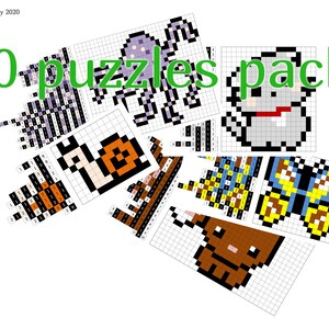 Puede incluir: Un conjunto de 10 rompecabezas de arte de píxeles imprimibles con varios animales y objetos, incluyendo un pulpo, un fantasma, un caracol, una mariposa y un gato. Los rompecabezas están diseñados para niños y adultos que disfrutan de las actividades creativas.