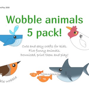 Puede incluir: Sobre un fondo blanco, cinco manualidades de animales de dibujos animados: una ballena azul, un pollo blanco, un pájaro naranja, un tiburón gris y tres peces naranjas. El texto dice "Wobble animals 5 pack!" y "Cute and easy crafts for kids."