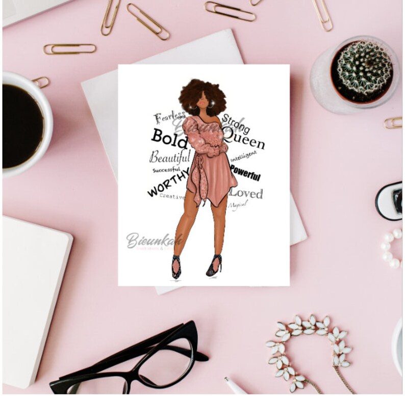 Affirmationsl Card African Print African American Art Single or Set by Bieunkah Illustrations Black Girl