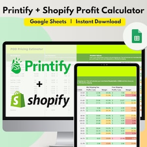 May include: A screenshot of a Google Sheet spreadsheet with a green and yellow color scheme. The spreadsheet is titled "Printify + Shopify Profit Calculator". The spreadsheet contains columns for "CDGS", "My Shipping Fee Profit/Loss", "Margin", "Free Shipping Profit/Loss", and "Margin".