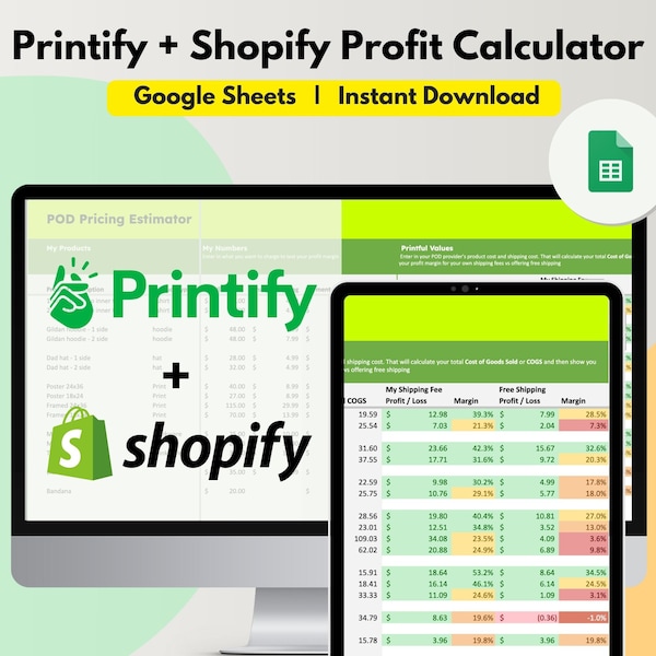 Printify + Shopify Pricing Calculator Spreadsheet, Editable Google Sheet, Etsy Fees, Enter Sale Discount, Profit Calculator for e commerce