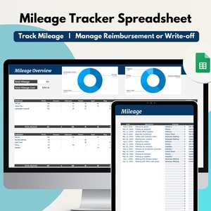 May include: A computer screen displaying a mileage tracker spreadsheet with a blue and white colour scheme. The spreadsheet includes a mileage overview, total mileage, total mileage cost, and a mileage log. The spreadsheet is titled "Mileage Tracker Spreadsheet" and includes the text "Track Mileage | Manage Reimbursement or Write-off".