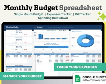 Monthly Budget Spreadsheet Template for Google Sheets, Financial Planner Dashboard, Budget Template, Spending Tracker, Debt Tracker