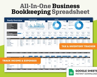 All-in-one Bookkeeping Template, Bookkeeping Small Business, Expense Tracker, Business Spreadsheet, Inventory tracker, Google Sheets