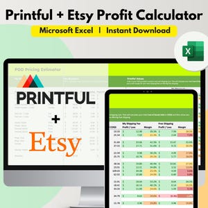 Printful Etsy Preisrechner Tabelle, bearbeitbares Excel, Etsy-Gebühren ermitteln, Verkaufsrabatt eingeben, Gewinnrechner für POD
