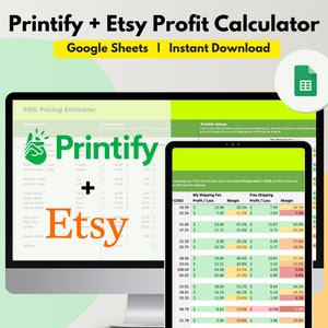Printify Etsy-Preisrechner-Tabelle, bearbeitbares Google Sheet, Etsy-Gebühren, Verkaufsrabatt eingeben, Gewinnrechner für E-Commerce