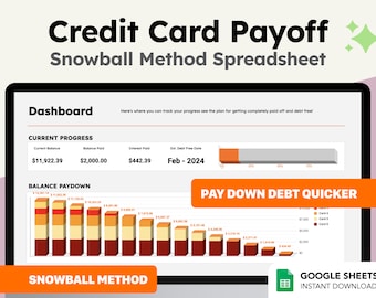 May include: A Google Sheets spreadsheet template for paying off credit card debt using the snowball method. The spreadsheet includes a dashboard with current progress, balance paydown, and a chart showing the pay down debt quicker. The spreadsheet is available for instant download.
