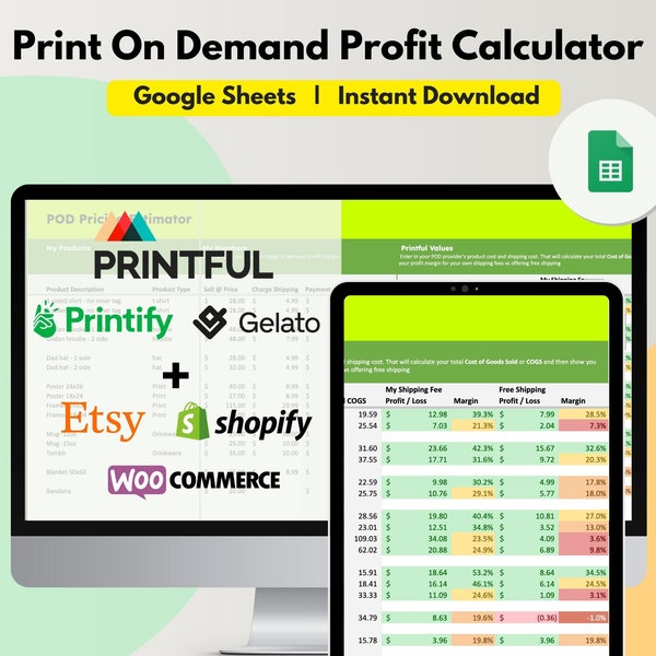 Print On Demand Preisrechner Kalkulationstabelle, bearbeitbares Google Sheet, kostenloser Versand, Verkaufsrabatt eingeben, Gewinnrechner für POD