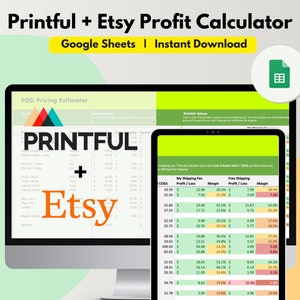 Printful Etsy-Preisrechner-Tabelle, bearbeitbares Google Sheet, Etsy-Gebühren ermitteln, Verkaufsrabatt eingeben, Gewinnrechner für POD