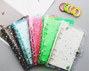 Stars Budget Binder Clear Glitter 6 Rings, Loose Leaf Notebooks Cover,Spiral Binders Stationery Plastic Glitters A5 A6 School, Pink Sheer