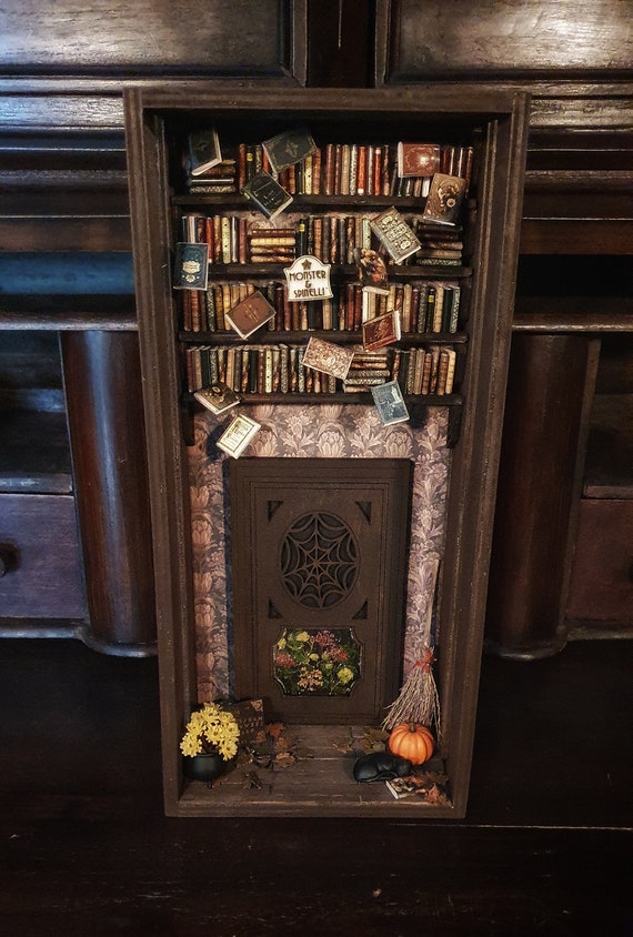Magical Witch Cabinet With Flying Books Book Nook Miniature Diorama Scale  1/12 book Nook Bookshelf Decoration Shelf Insert 