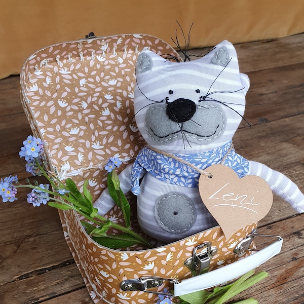 Cat kitten Leni, small, stuffed toy, cuddly toy, lucky charm, worry eater, handmade, cheeky, tabby, striped, soft, sweet