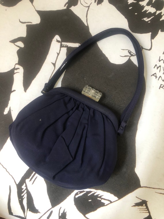 Midnight Blue Evening Bag, 1940’s, Lucite clasp
