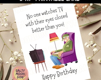 Funny Birthday Card | Blank Inside | Watches TV with Eyes Closed | Perfect for Dad, Grandpa, Uncle, Husband Download | Printable 23425