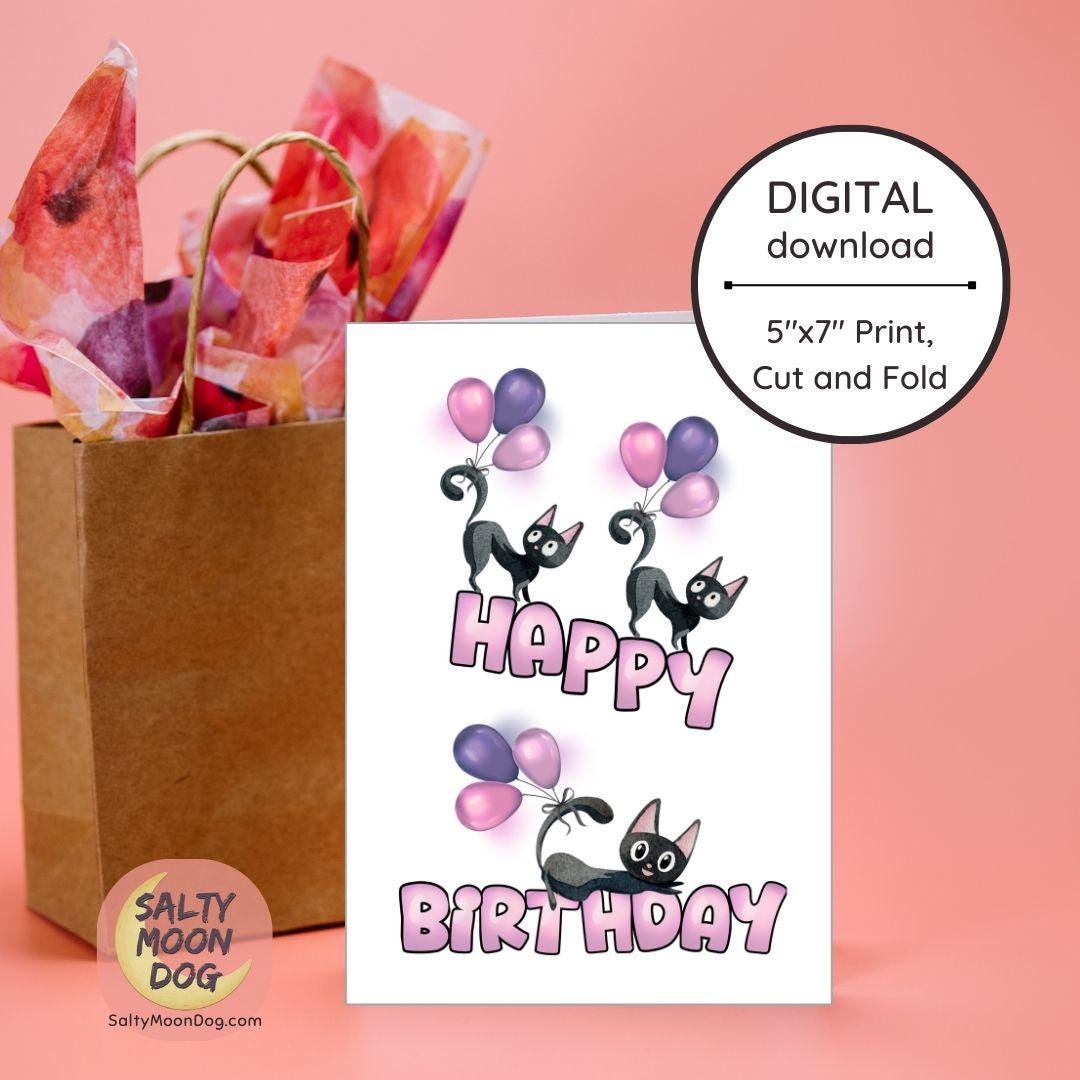 Printable Birthday Card -cat Lover Birthday Card - Cat Bringing ...