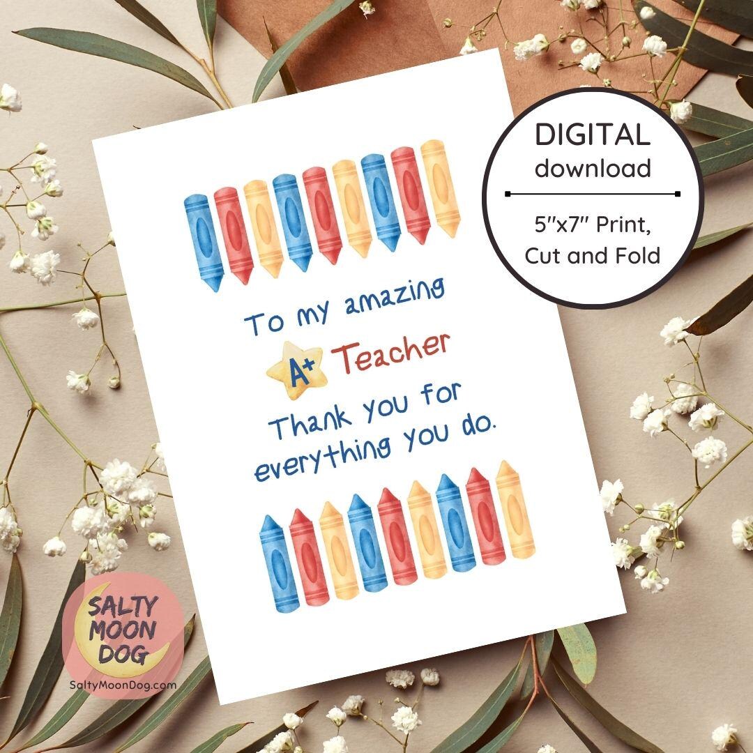 A+ Teacher Thank You Card: Printable Greeting (5x7in Digital Download ...