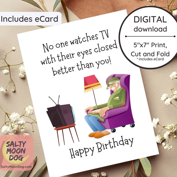 Funny Birthday Card | Blank Inside | Watches TV with Eyes Closed | Perfect for Dad, Grandpa, Uncle, Husband Download | Printable 23425