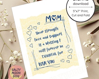 May include: A digital download card with the text "MOM" and a heartfelt message. The card features a yellow lace-like design and blue handwritten text. The size is 5"x7" and is designed to be cut and folded.