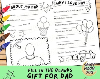 Fill in the Blanks, All About Dad, Kids' Activity Page, Gift For Dad, Father's Day Card, Kindergarten, Preschool, Homeschool Printable 23449