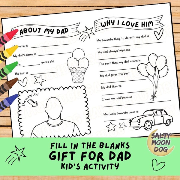 Fill in the Blanks, All About Dad, Kids' Activity Page, Gift For Dad, Father's Day Card, Kindergarten, Preschool, Homeschool Printable 23449