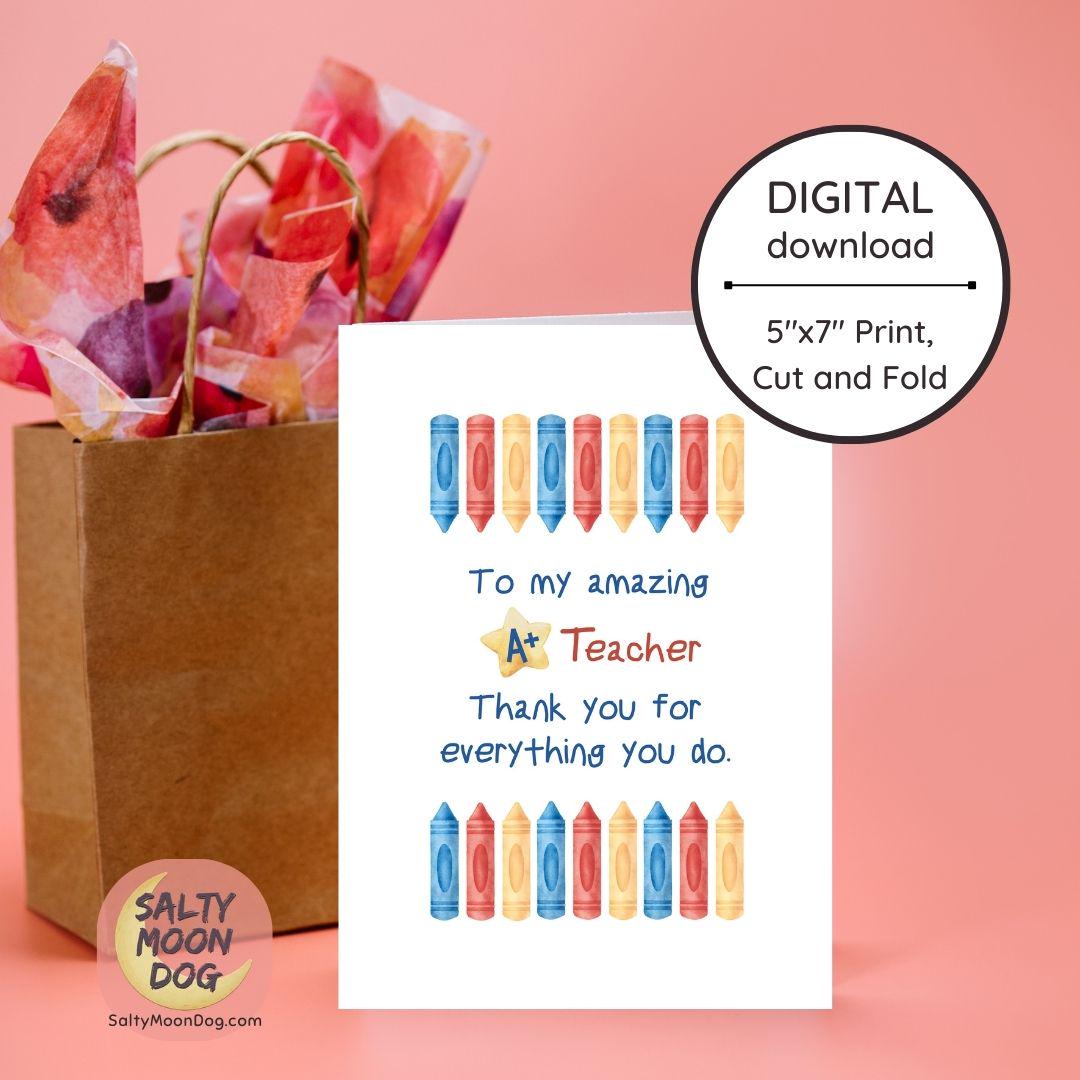 A+ Teacher Thank You Card: Printable Greeting (5x7in Digital Download ...